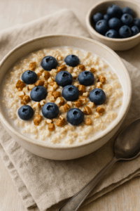 Owsianka na mleku z orzechami i borówkami