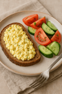 Kanapka z pieczywa pełnoziarnistego z pastą jajeczną i surówką z pomidora i ogórka